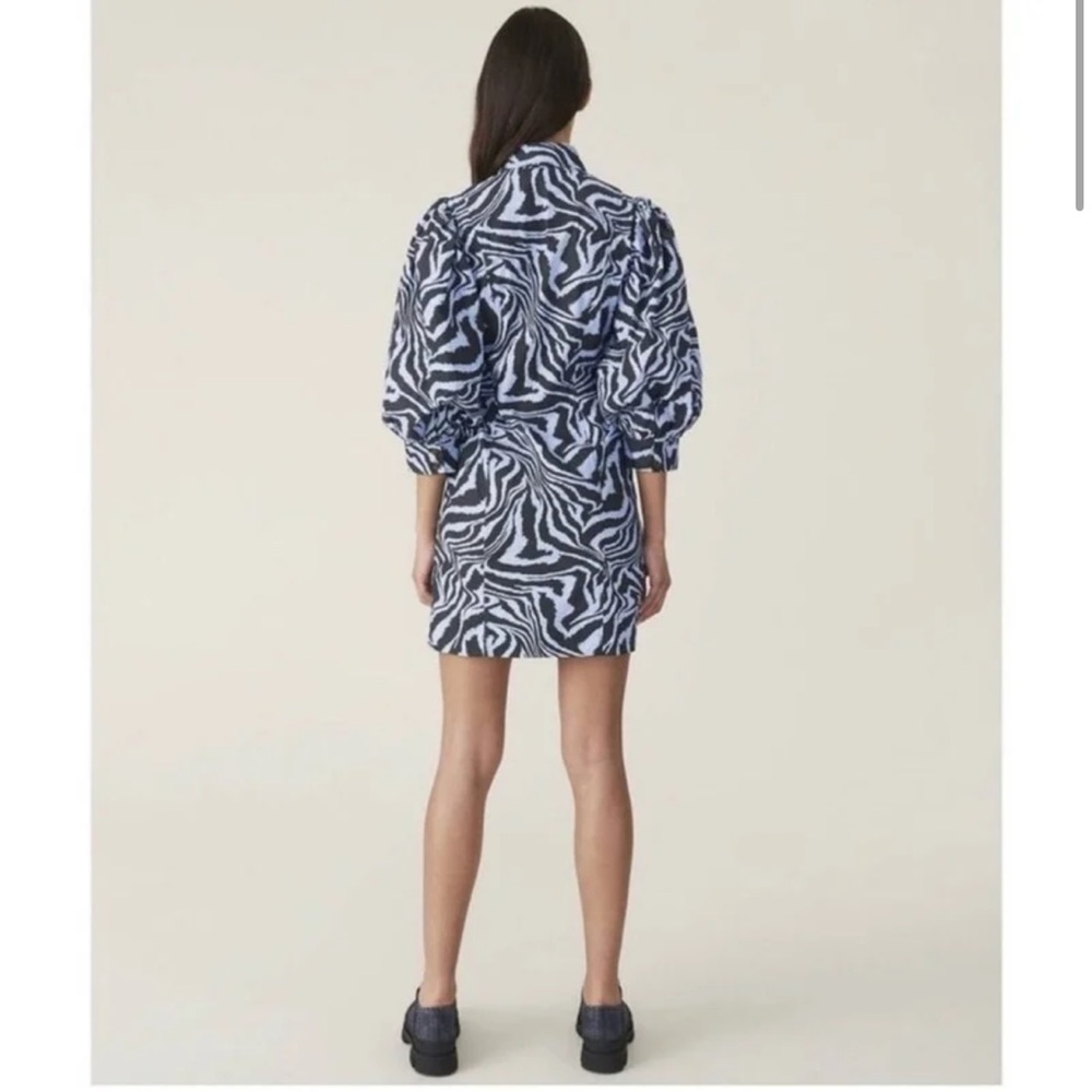 Ganni Blue Black Zebra Animal Print Puff Sleeve Mini Dress Size Small - Picture 3 of 11